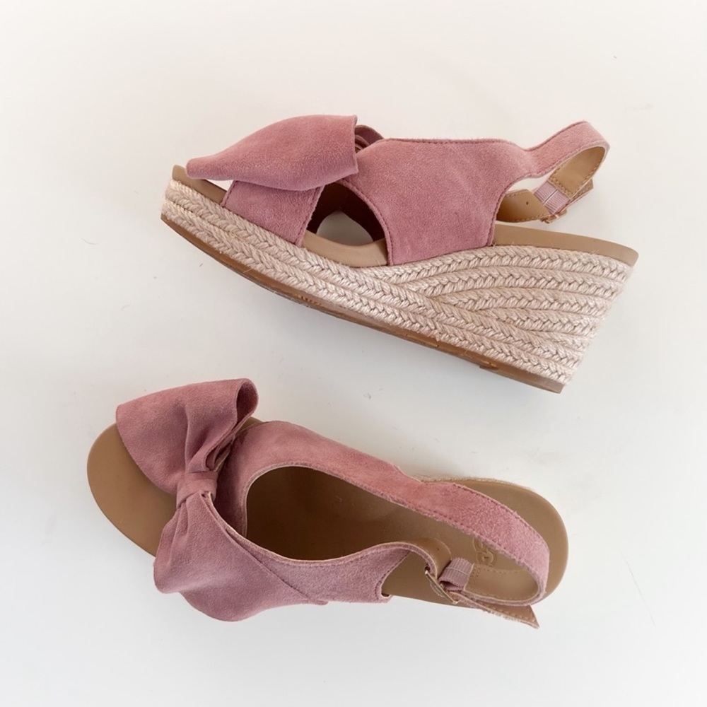 Ugg espadrilles suede open toe big bow detail mauve wedge